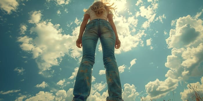 A serene woman stands alone in a vast field, gazing up at the vast expanse of the sky above her.