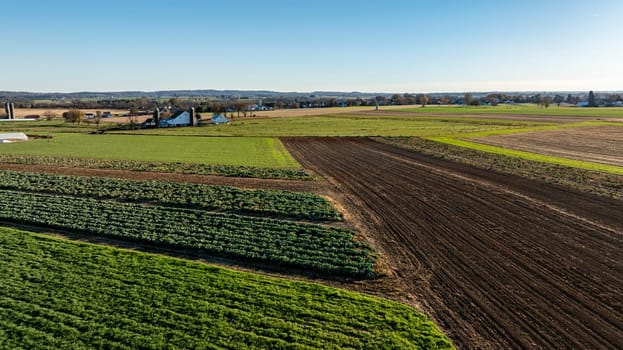 The image displays a bird's-eye view of diverse farm plots in the fall, creating a mosaic of harvest-ready fields and green spaces, perfect for agricultural themes.