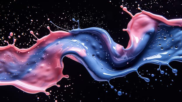 A mesmerizing dance of blue and pink liquids swirl elegantly against a black backdrop creating a stunning abstract display of color and movement.