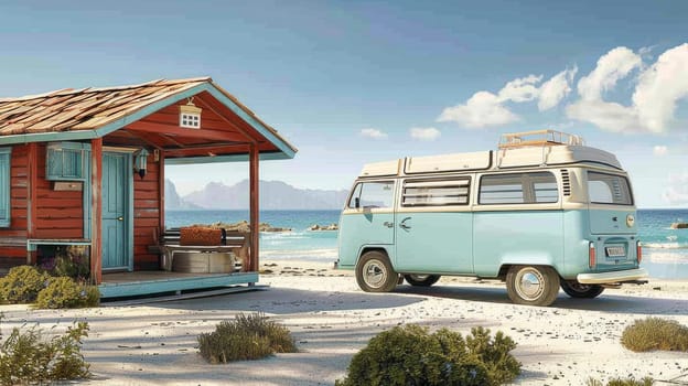 A classic VW bus is parked in front of a colorful beach hut, adding a retro vibe to the coastal scene as the sun sets.