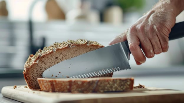 An individual gracefully slices through a freshly baked loaf of bread using a sharp knife.