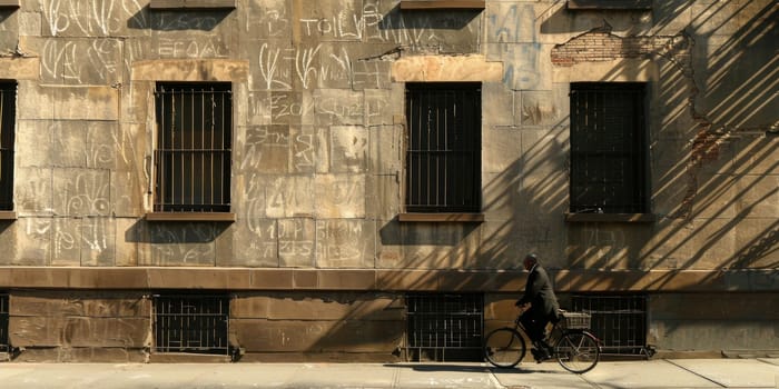 A man gracefully rides his bike down a bustling city street, passing by a towering skyscraper in the background.