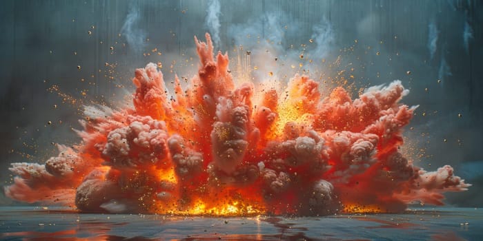 A large explosion of red and orange smoke billows into the air, creating a fiery and dramatic spectacle.