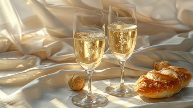 Two elegant champagne glasses and a freshly baked croissant lay gracefully on a pristine white cloth, creating a luxurious and indulgent setting.