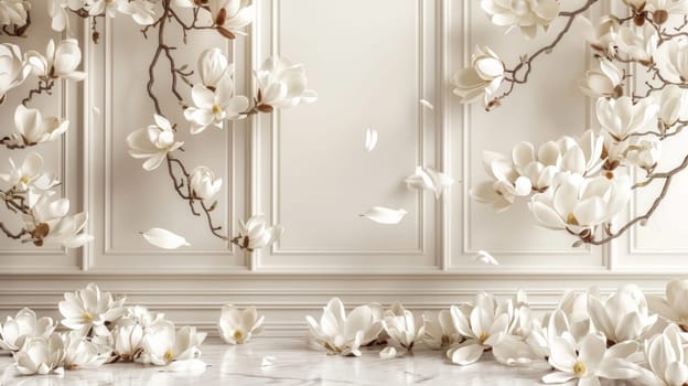 A fresh white wall adorned with a profusion of delicate white flowers, creating a serene and dreamy atmosphere.