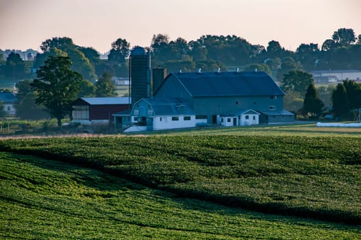 Ronks, Pennsylvania, USA, August 20, 2023 - The day awakens over a classic farmstead, with barns and silos standing tall amidst the fields, a picturesque setting for stories of agriculture, heritage, and rural community.