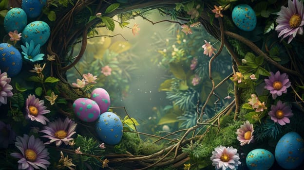 A whimsical painting featuring vibrant eggs nestled among colorful flowers in a magical forest setting.