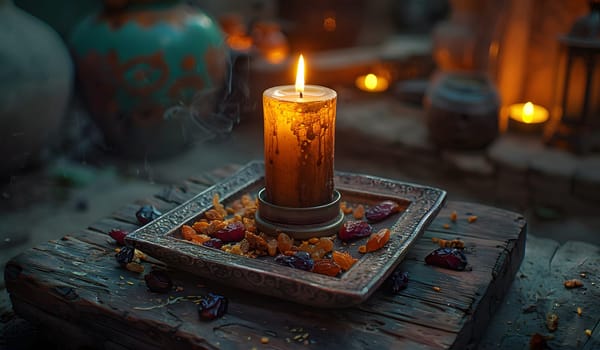 A candle with a flickering flame is placed on a stylish wooden table, creating a cozy atmosphere. This still life photography captures the warm glow and ambiance of the interior design