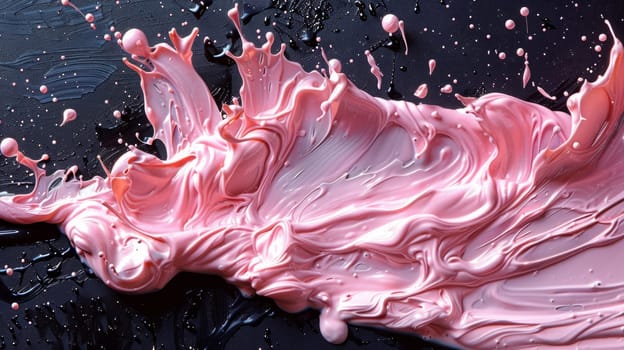 Vibrant pink splashes contrast beautifully against a sleek black surface in a mesmerizing display of color and texture.
