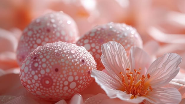 A close-up view of vibrant pink balls and a delicate flower in full bloom.