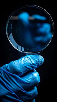 A person in blue gloves carefully inspects an object through a magnifying glass, exploring every detail with curiosity.