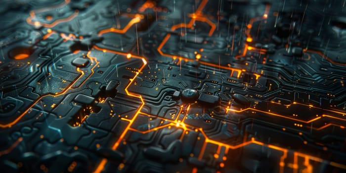 A mesmerizing close-up of intricate microcircuits dancing elegantly on a computer circuit board, creating a symphony of interconnected puzzles.