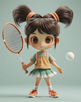 A happy little girl is holding a tennis racket with strings and a tennis ball in her sleeve, making a playful gesture. She is ready to play a racquet sport with her sports equipment toy