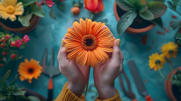 The person is holding a vibrant orange flower with azure petals, a happy organism of nature. The electric blue hues make it a beautiful piece of art