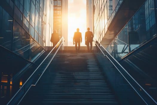 Rear view of business person climbing stairs, Ambitions concept with business person, Generative AI.