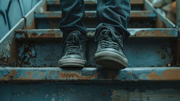 Low section of man sitting on stepping on the stair, Generative AI.