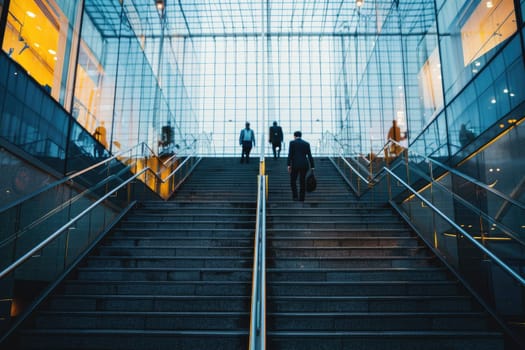 Rear view of business person climbing stairs, Ambitions concept with business person, Generative AI.