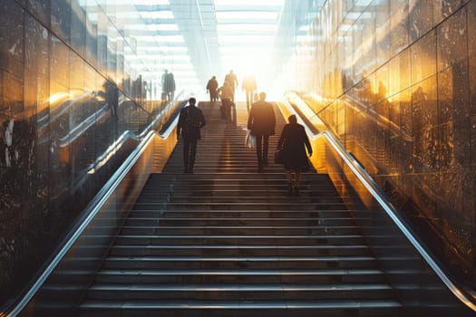 Rear view of business person climbing stairs, Ambitions concept with business person, Generative AI.