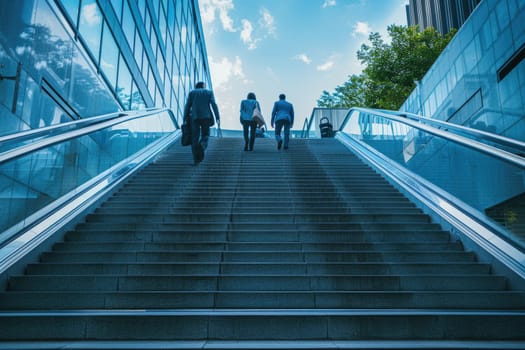 Rear view of business person climbing stairs, Ambitions concept with business person, Generative AI.