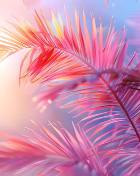 Closeup image of pink palm leaves against a vibrant blue sky, showcasing the beauty of this terrestrial plant species. The contrast of colors creates a stunning visual of nature at its finest