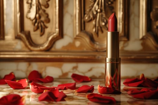 A red lipstick is on a table with red rose petals.