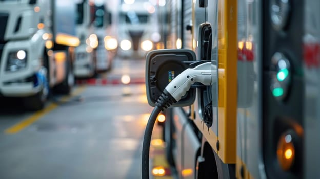 A large black truck is being charged at a charging station.