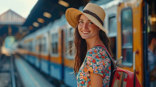 A woman wearing a straw hat and a dress stands in front of a train.