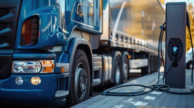 A large black truck is being charged at a charging station.