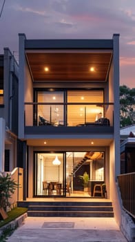 A modern house with a large balcony and a small garden.