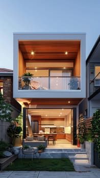 A modern house with a large balcony and a small garden.