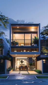 A modern house with a large balcony and a small garden. The house is lit up at night, giving it a warm and inviting atmosphere. The interior of the house is well-lit and has a cozy feel