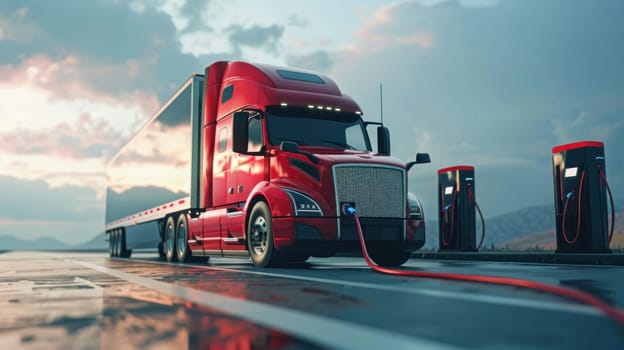 A large black truck is being charged at a charging station.