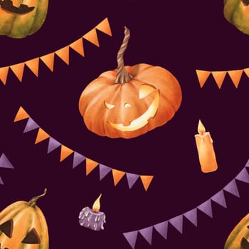Seamless Halloween pattern. vibrant orange pumpkins with carved faces orange and purple candles festive flags garlands. Classic holiday elements in a watercolor illustration. for packaging, textiles.