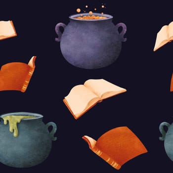 Seamless Halloween pattern. witch's set: cauldrons with potions, magical spell books. Classic holiday elements in a watercolor, for textiles, kitchen decor, stationery, covers, and wrapping paper.