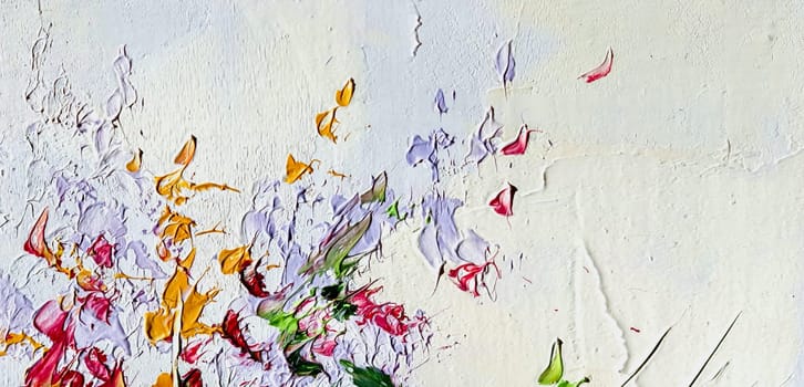 Abstract background - oil painting on canvas with flowers and paint strokes. Fragment of Modern artwork.