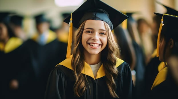 A young girl wearing a graduate hat in front of her classmates. Graduation from college, university or institute. Completing training at a higher educational institution. Master's degree, academic success.