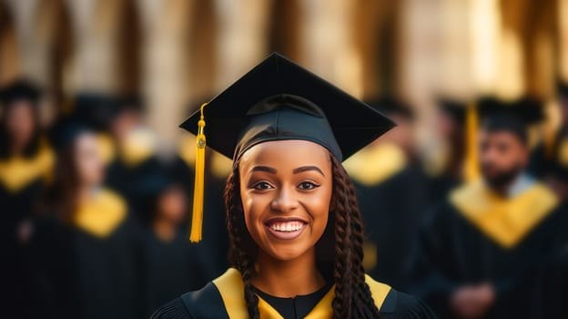 A young dark-skinned, black African-American girl wearing a graduate hat against the backdrop of her classmates. Graduation from college, university or institute. Completing training higher educational institution. Master's degree, academic success.