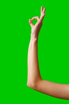 A solitary hand is raised against a bright green background, fingers curled into a circle while the thumb and index finger touch to form the universally recognized okay sign, suggesting approval or that everything is fine.