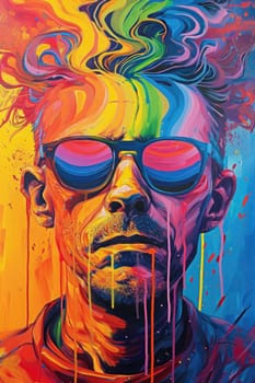 The comic colourful picture of the short hair male adult human head and has been wearing sunglasses with straight face yet picture fill with various colour that make picture fill with emotion. AIGX01.