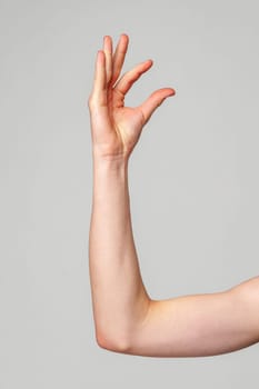 A single human arm is raised, captured in profile with the elbow bent and the hand slightly curved. The arms soft lighting emphasizes its form against the plain, unadorned backdrop.