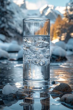 A transparent glass glass with drinking mountain water on the background of snow-capped mountains. The concept of drinking mineral water.