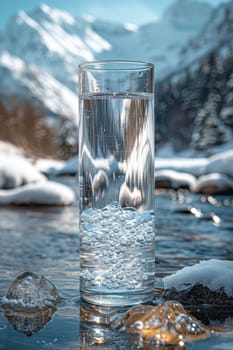 A transparent glass glass with drinking mountain water on the background of snow-capped mountains. The concept of drinking mineral water.