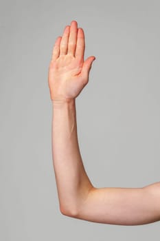 A right human hand is raised against a plain, neutral background, with the palm facing forward in a gesture that could indicate stopping, greeting, or volunteering.
