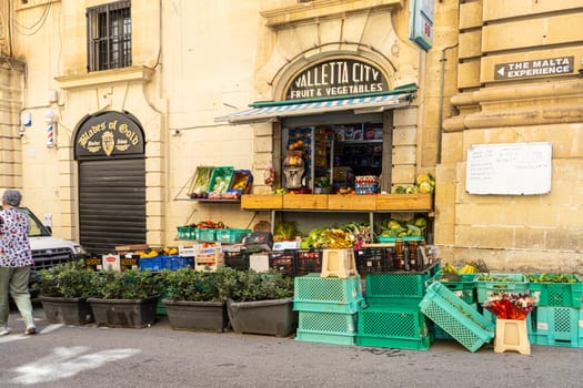 Valletta, Malta, April 03, 2024. view of a typical fruit and vegetable shop in a street in the city center