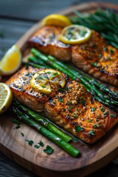 Food A dish featuring salmon, asparagus, and lemon slices on a wooden cutting board. Ingredients include Rangpur citrus, Meyer lemon, and produce. Perfect for a delicious cuisine recipe