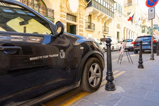 Valletta, Malta, April 03, 2024. A car of the ministry of tourism parked in the city center