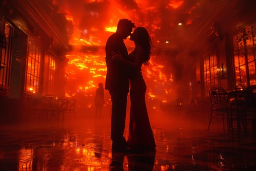 A pair of tango dancers in elegant suits and dresses pose dancing in the sunset light. Attractive man and woman dancing while looking at each other.