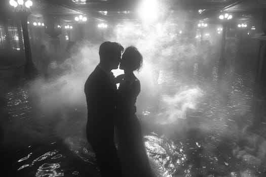 A pair of tango dancers in elegant suits and dresses pose dancing in the sunset light. Attractive man and woman dancing while looking at each other.