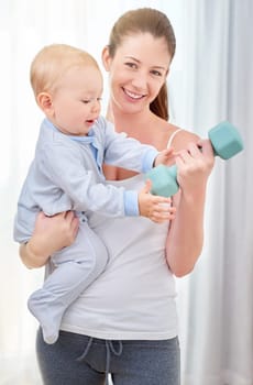 Mother, baby and workout with dumbell for strong bond, learning and development with time management. Mom, child and home for motor skills or health with smile, exercise or training with weight.