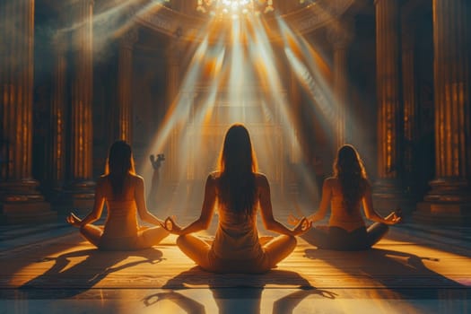 A group of young girls practicing yoga in the sunlight perform Padmasana exercises, lotus position.